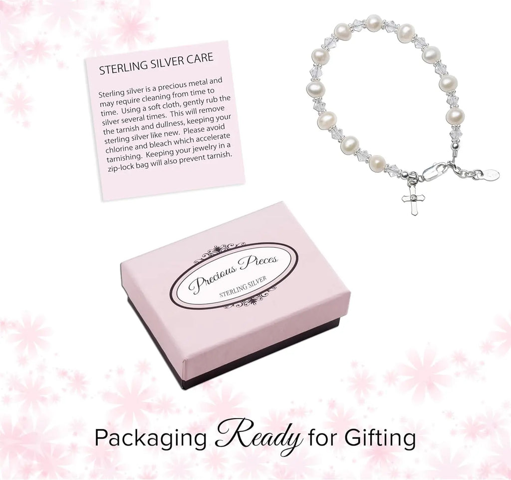 Pearl & Crystal Beaded Bracelet, .925 Sterling Silver 