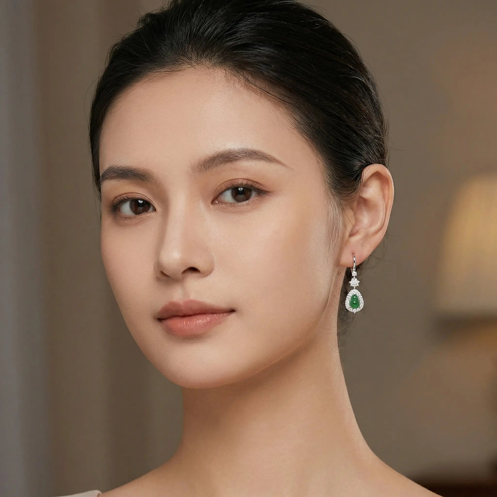 925 Sterling Silver Elegant Green Jadeite Jade Hulu Drop Earrings with CZ Halo