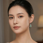 925 Sterling Silver Elegant Green Jadeite Jade Hulu Drop Earrings with CZ Halo