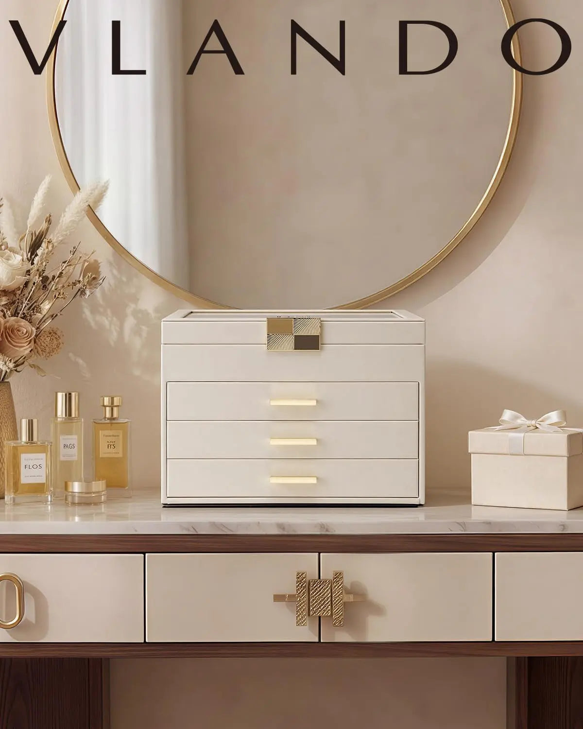 4-Layer Jewelry Storage Case with Glass Lid, Gold Handle, 3 Drawers - Cloud White