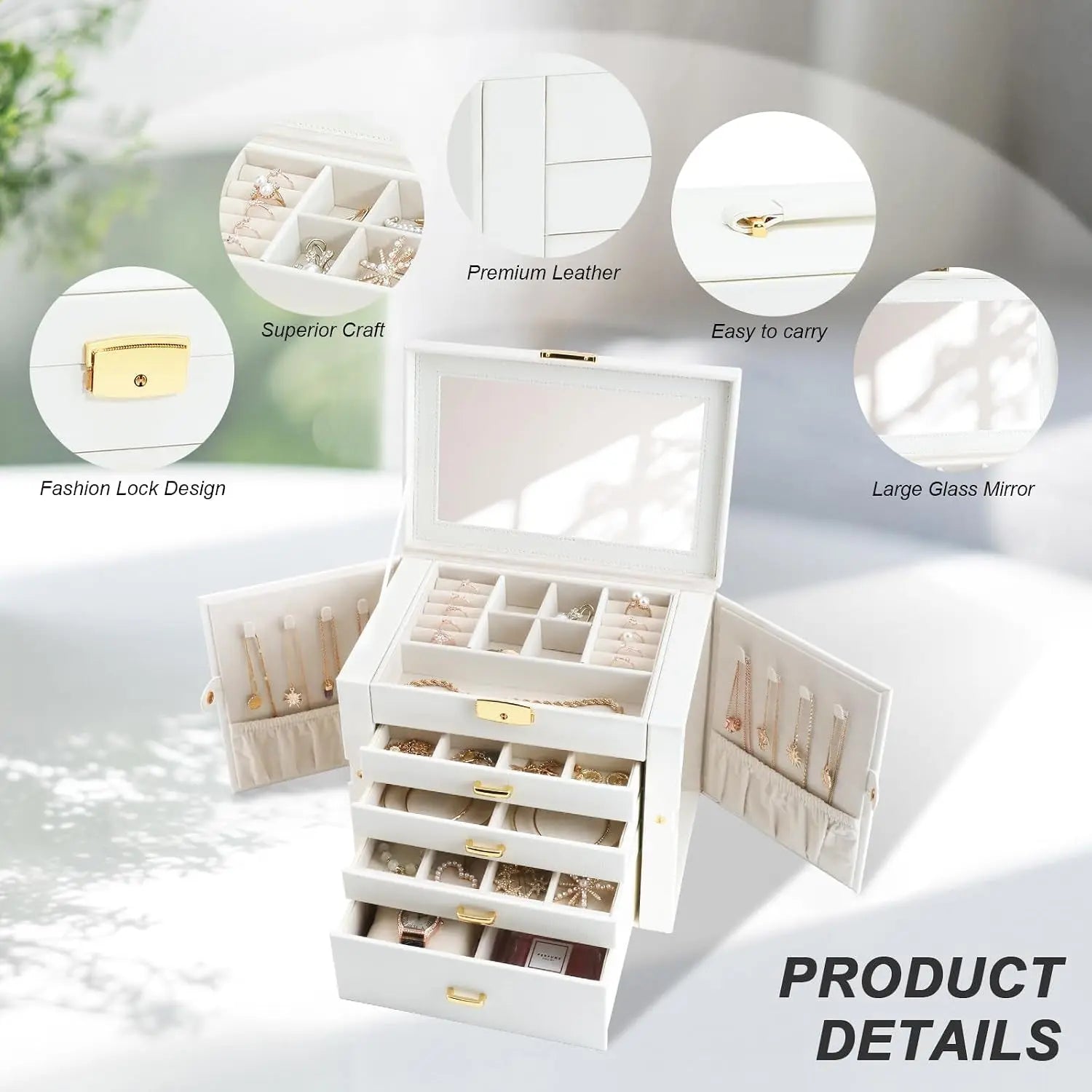 Large Jewelry Boxe 5 Layers 4 Drawers Jewelry Box with Handle 