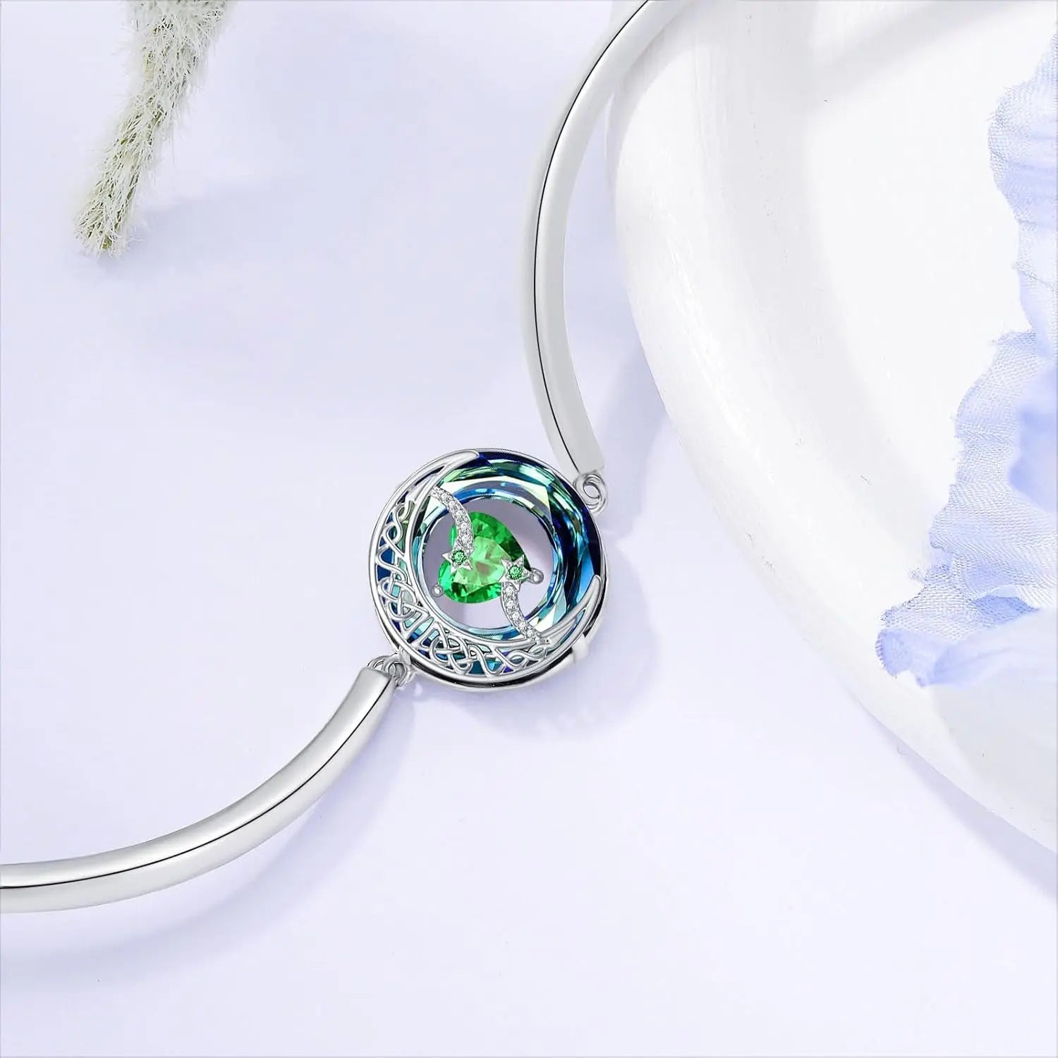 Sterling Silver Birthstone Bracelet with Austrian Crystal - Moon and Star