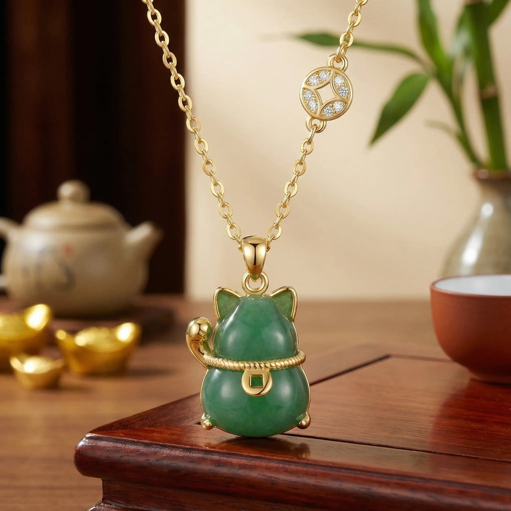 925 Sterling Silver Green Jadeite Lucky Cat Pendant Necklace for Good Fortune and Prosperity NP Collection