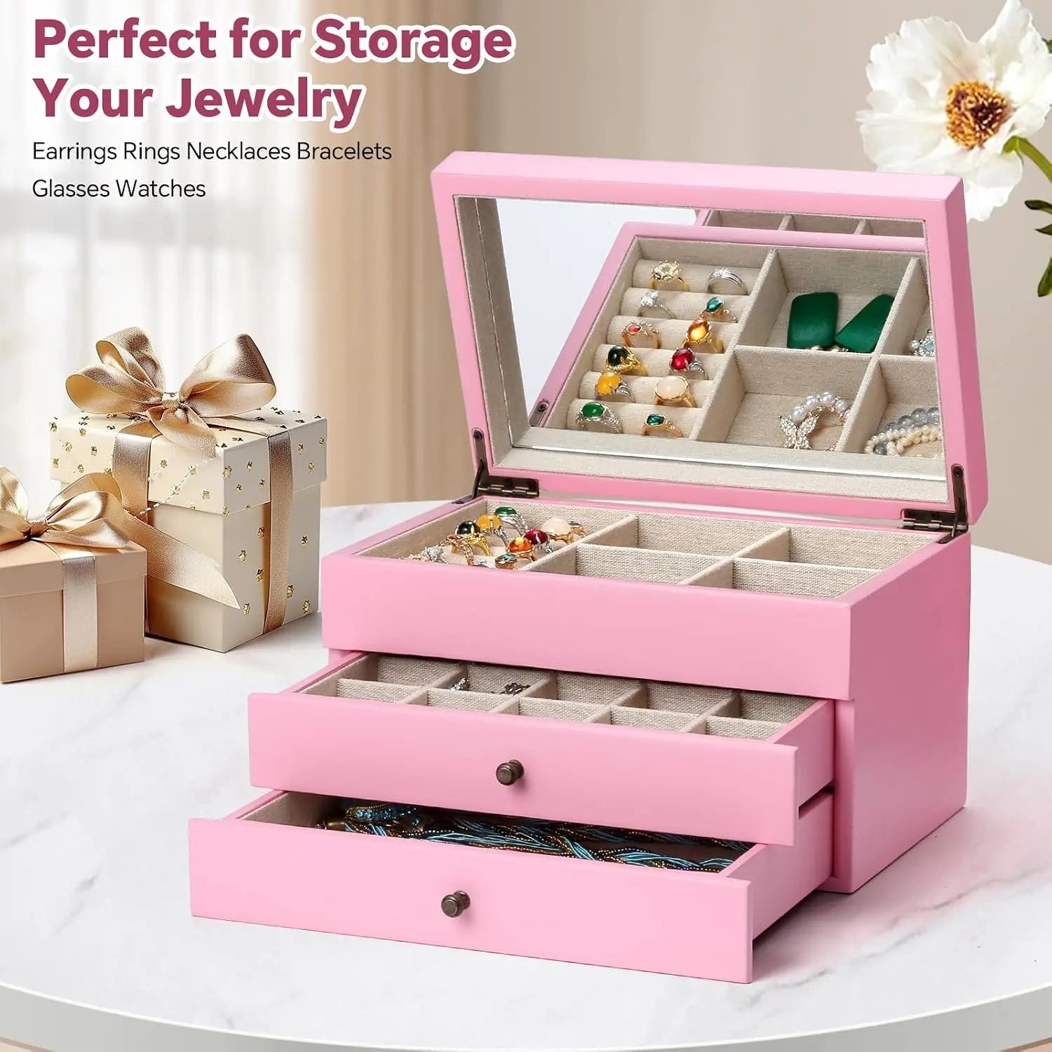 Jewelry Box Organizer for Women, 3 Layer Large Jewelry Storage Case, Rustic Wooden Jewelry Box with Mirror & Ring Tray for Necklace Earring Bracelets Rings, Vintage Style (Pink)