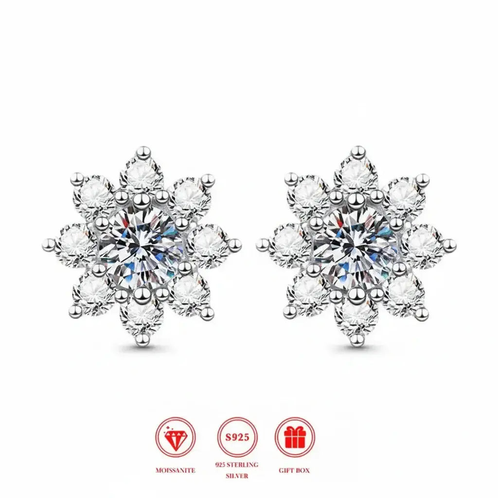 1CT Moissanite Snowflake Sunflower Earrings 925 Silver