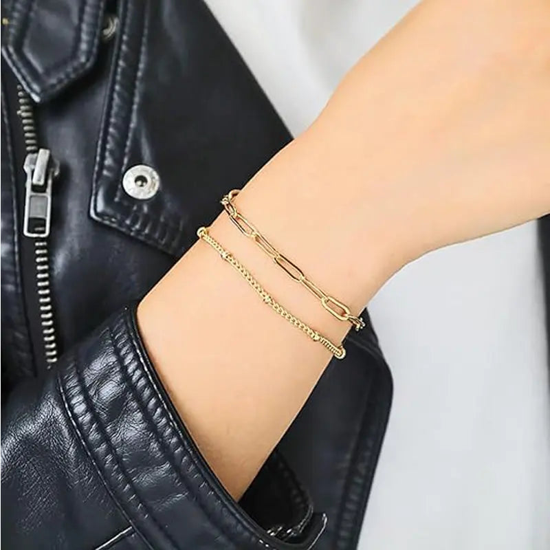 Dainty Gold Bracelets For Women, 14K Gold Filled Adjustable Layered Bracelet Cute Evil Eye Oval Chain Pearl Bar Turtle Gold Bracelet