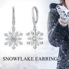 Sterling Silver Zirconia Snowflake Leverback Dangle Drop Earrings Jewelry