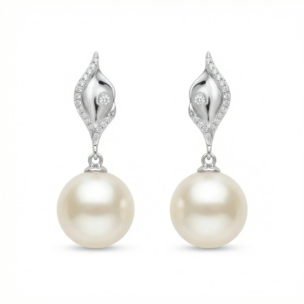 925 Sterling Silver Elegant White Pearl Drop Earrings with CZ Accents and Fluid Silver-Toned Settings