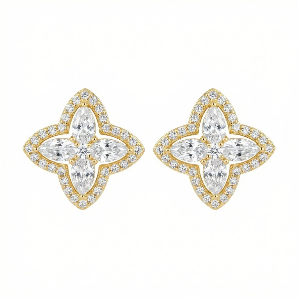 925 Sterling Silver Elegant Marquise and Round Diamond Floral Clover Stud Earrings