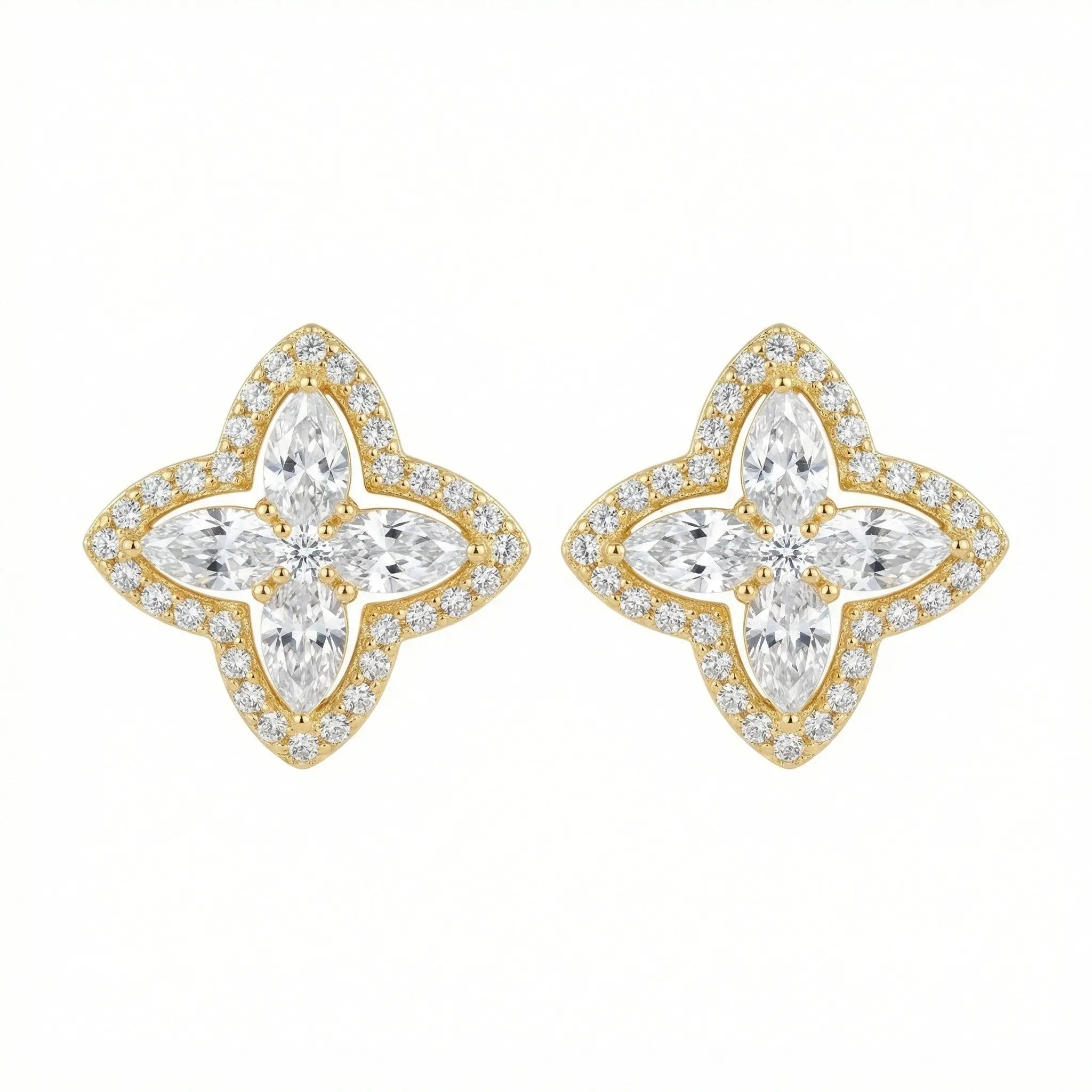 925 Sterling Silver Elegant Marquise and Round Diamond Floral Clover Stud Earrings