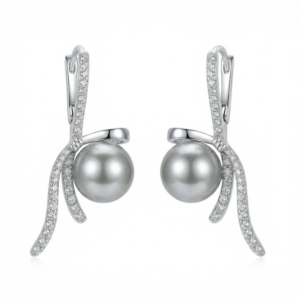 925 Sterling Silver Elegant Silver Ribbon Bow Earrings Featuring Radiant Gray Pearls and Shimmering Accents