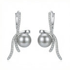 925 Sterling Silver Elegant Silver Ribbon Bow Earrings Featuring Radiant Gray Pearls and Shimmering Accents