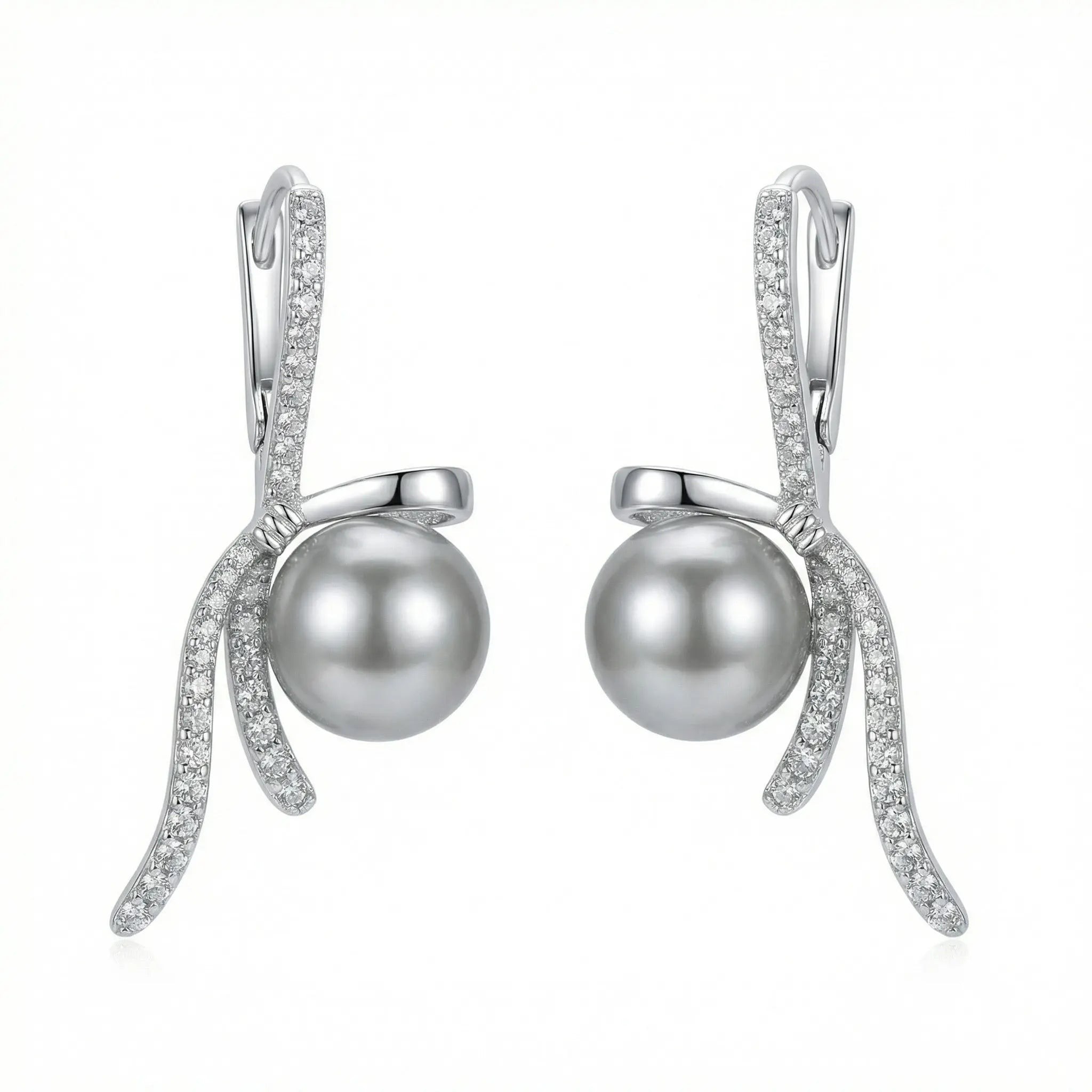 925 Sterling Silver Elegant Silver Ribbon Bow Earrings Featuring Radiant Gray Pearls and Shimmering Accents