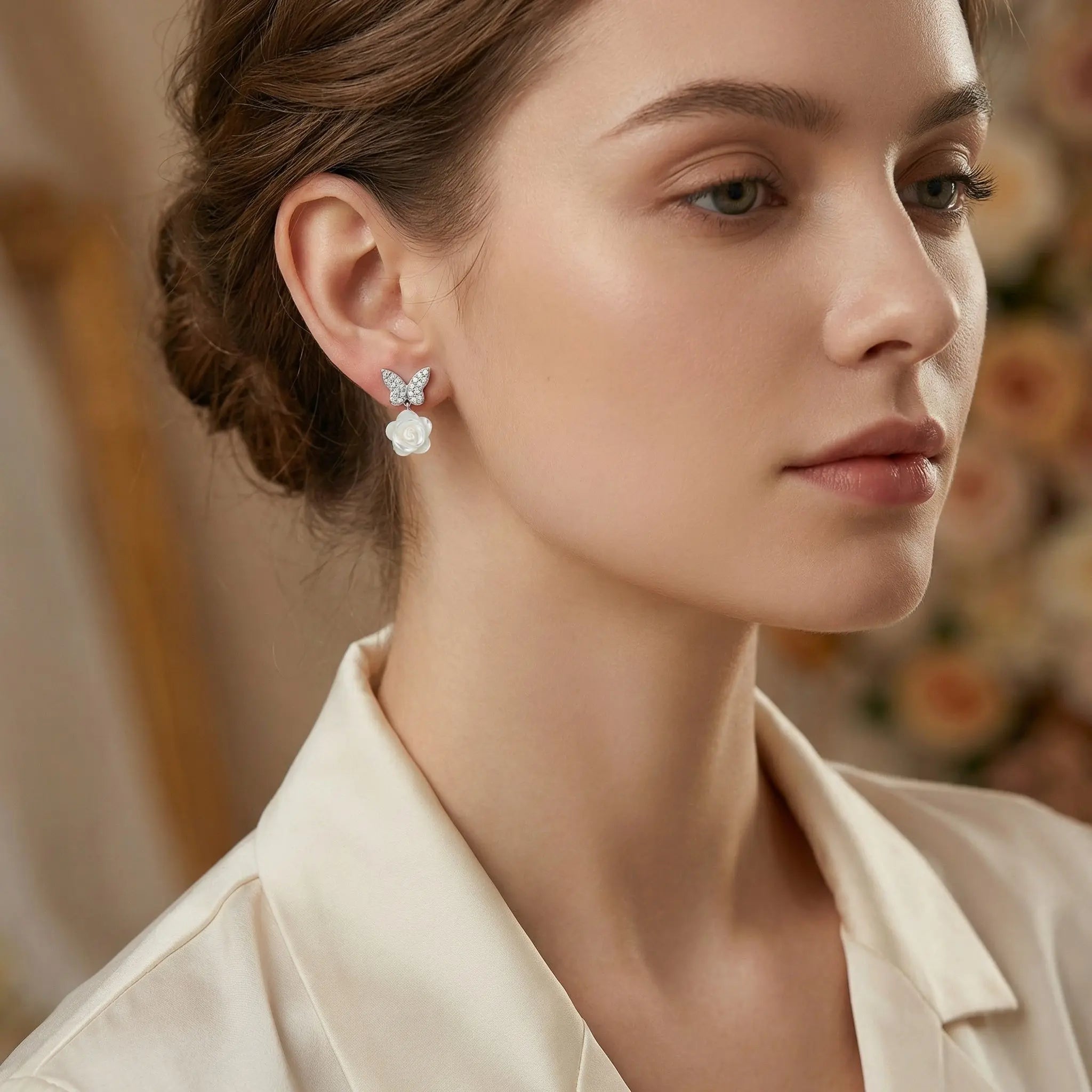 925 Sterling Silver Sparkling Butterfly and Elegant White Rose Mother-of-Pearl Drop Earrings