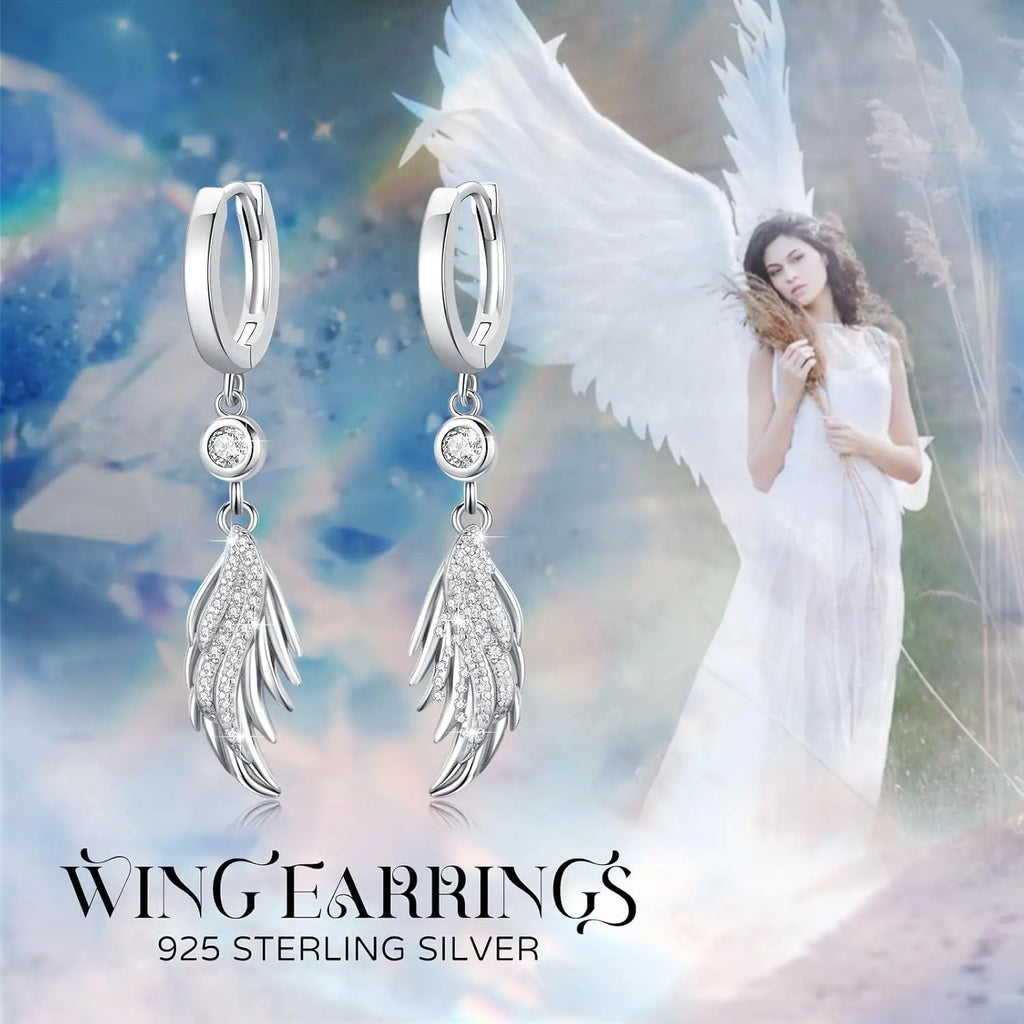 925 Sterling Silver Angel Wings Dangle Earrings