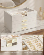 4-Layer Jewelry Storage Case with Glass Lid, Gold Handle, 3 Drawers - Cloud White