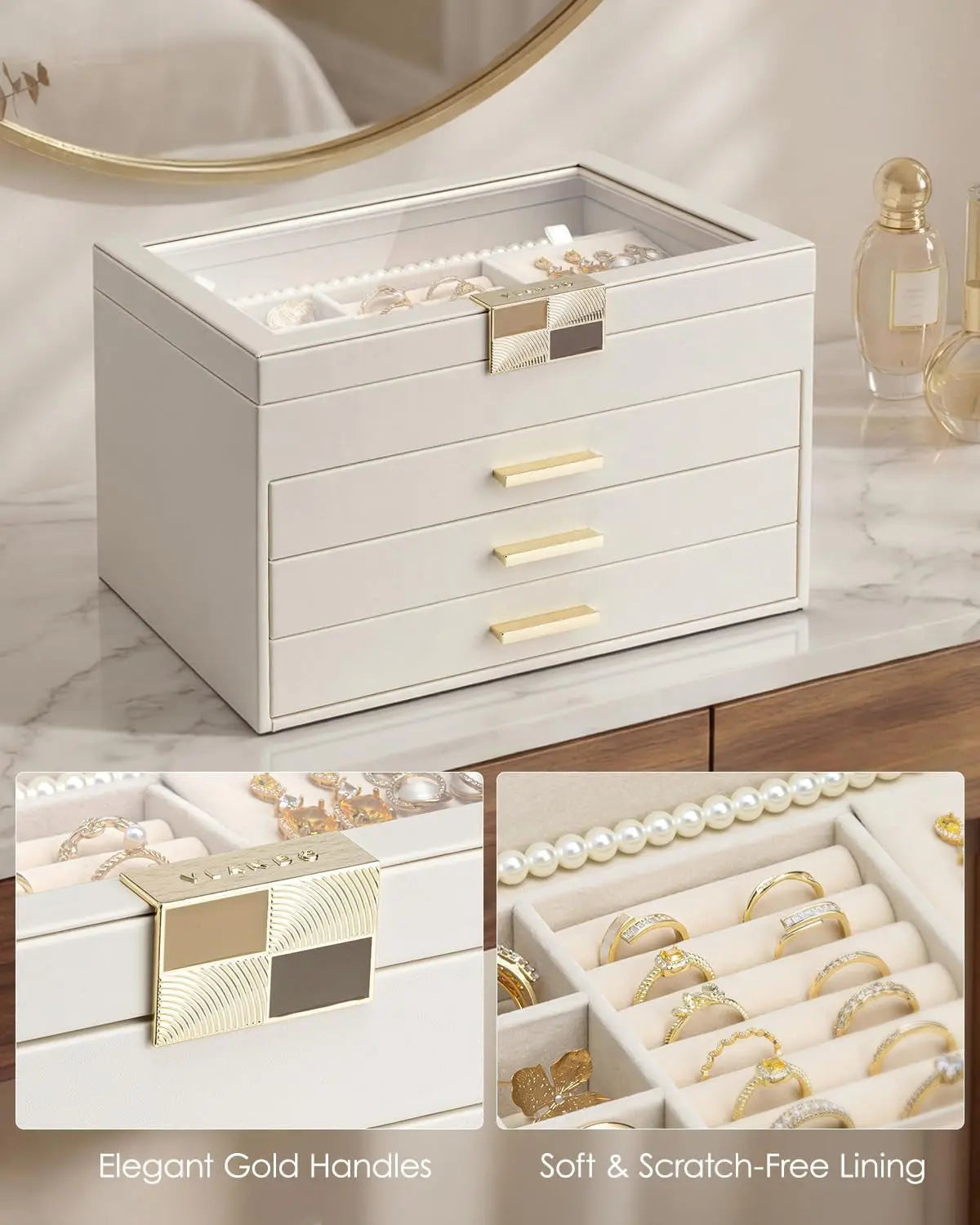 4-Layer Jewelry Storage Case with Glass Lid, Gold Handle, 3 Drawers - Cloud White
