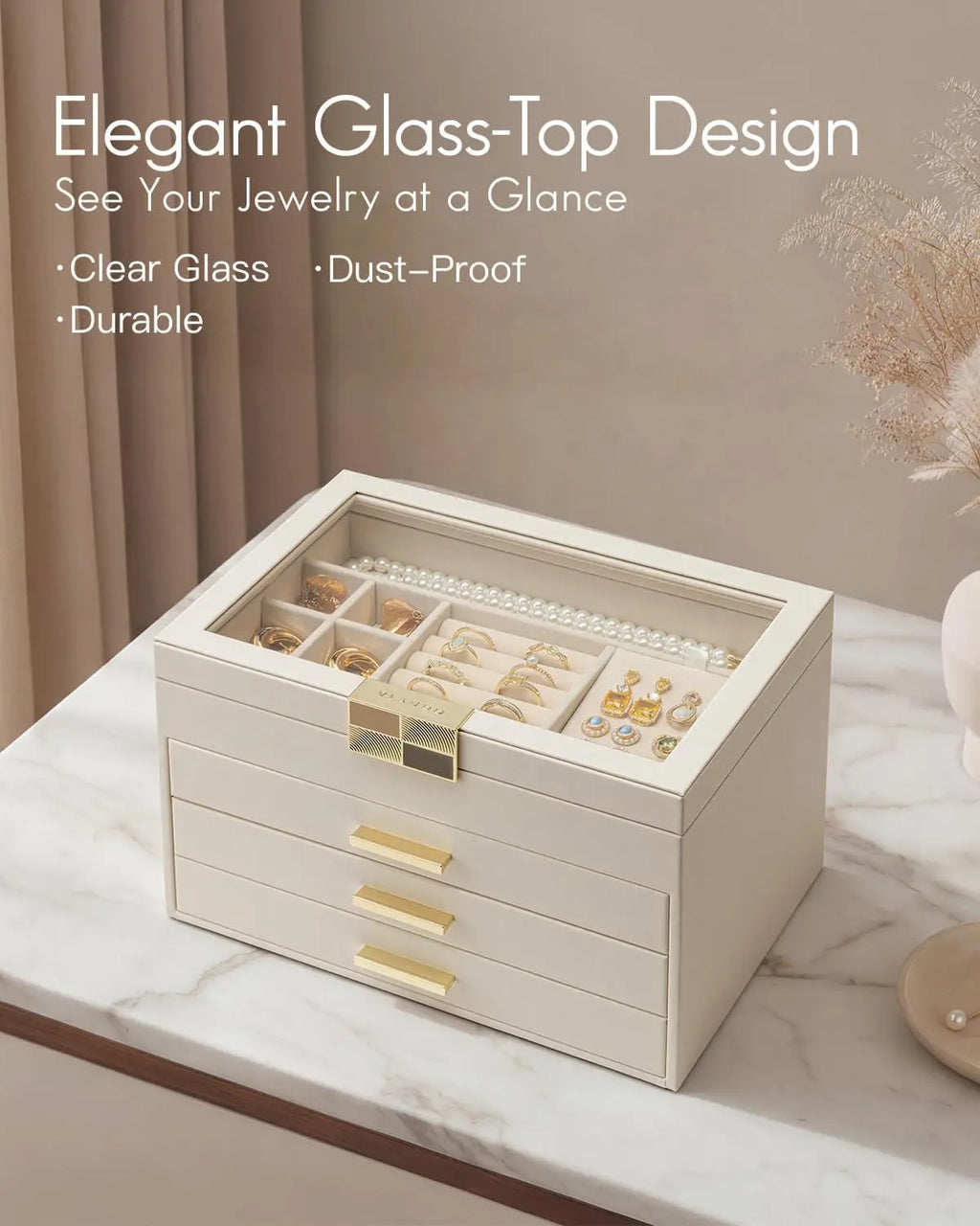 4-Layer Jewelry Storage Case with Glass Lid, Gold Handle, 3 Drawers - Cloud White