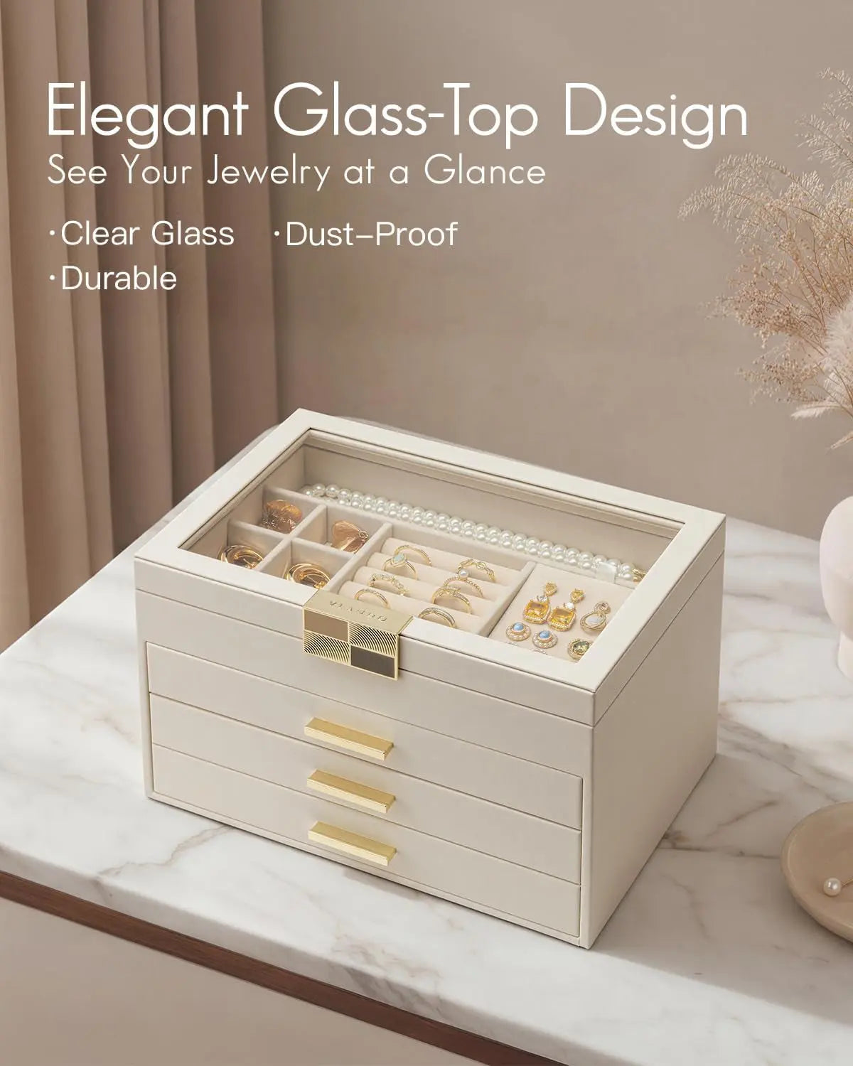 4-Layer Jewelry Storage Case with Glass Lid, Gold Handle, 3 Drawers - Cloud White