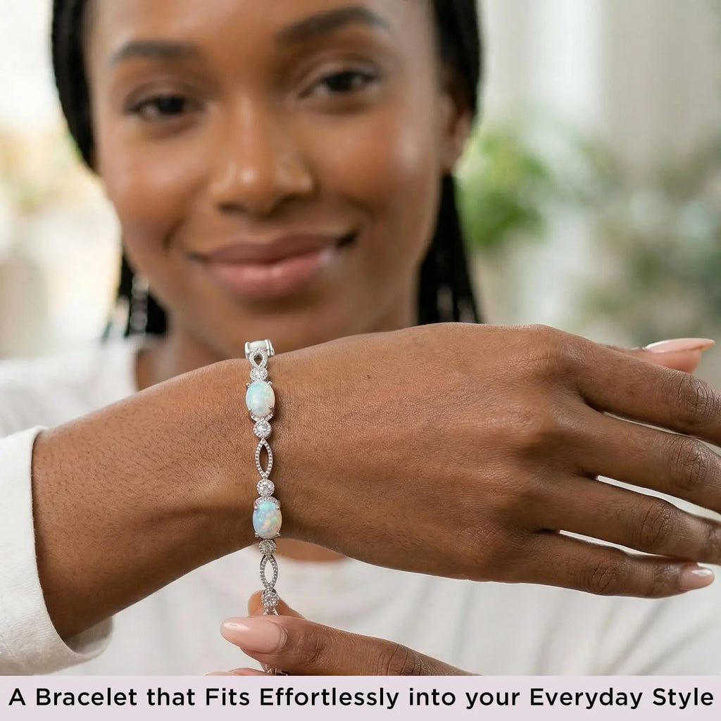 Sterling Silver Tennis Bracelet | Oval Created Opal | 7.50" | Milgrain Setting, Timeless Fashion Jewelry with Gift Box, Lobster Claw Clasp
