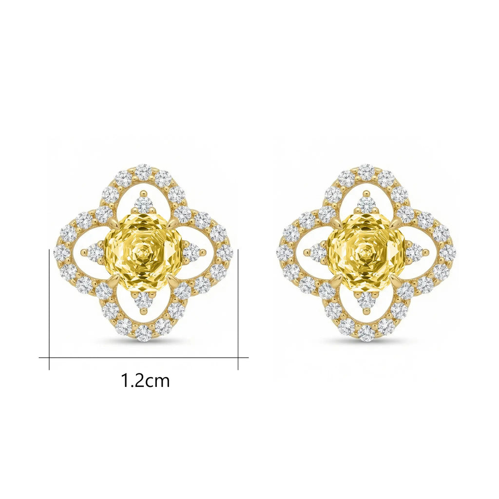 925 Sterling Silver Elegant Quatrefoil Halo Studs Featuring Radiant Cushion-Cut Sunshine Gemstones and Sparkling CZ Accents