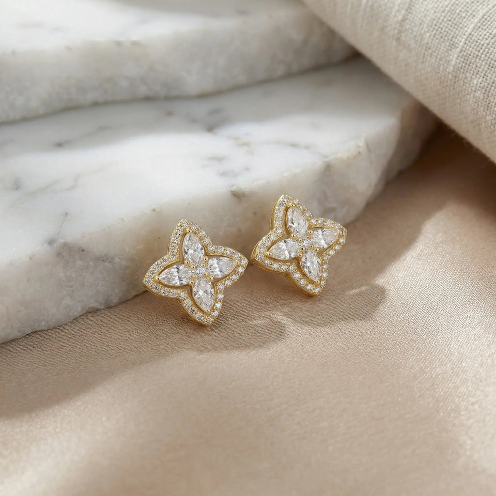 925 Sterling Silver Elegant Marquise and Round Diamond Floral Clover Stud Earrings