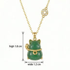 925 Sterling Silver Green Jadeite Lucky Cat Pendant Necklace for Good Fortune and Prosperity NP Collection