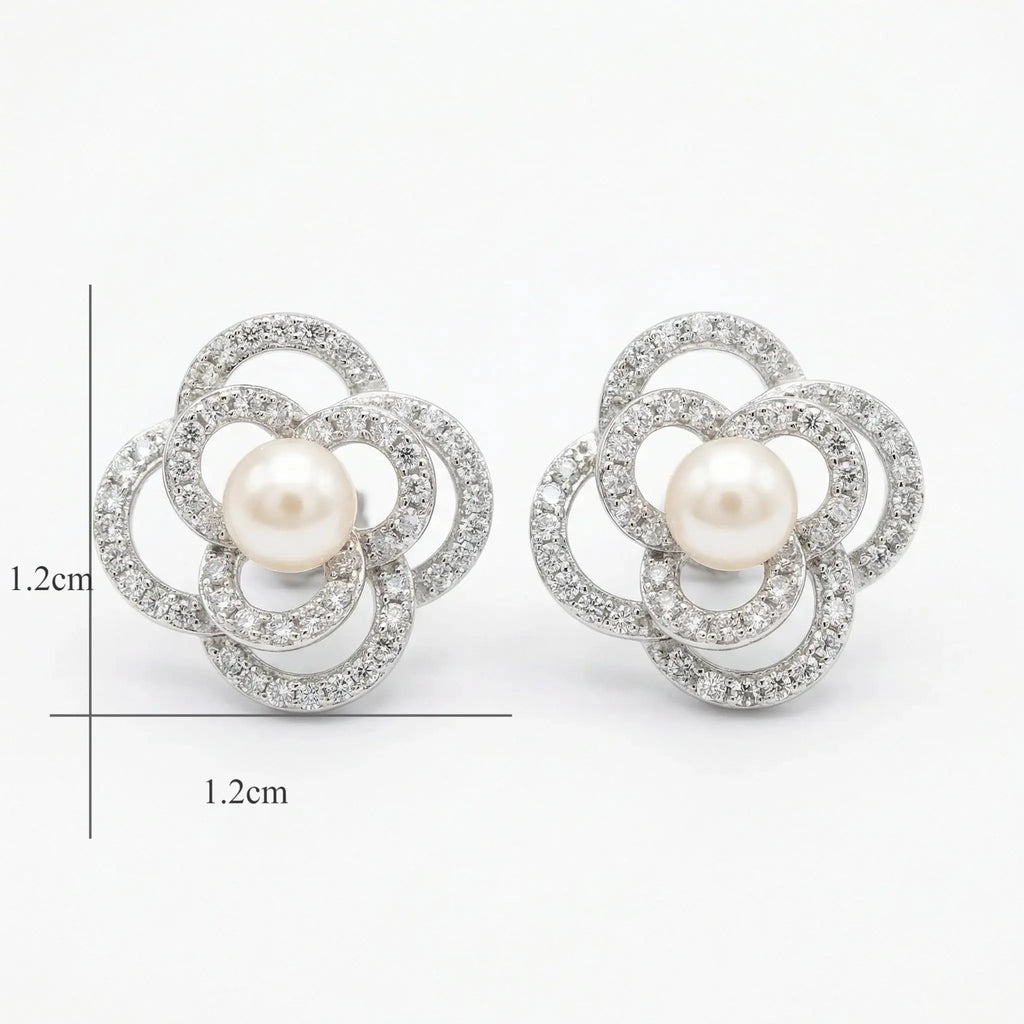 925 Sterling Silver Exquisite Pearl and Pave-Set Crystal Floral Stud Earrings in Silver NP Collection