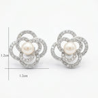 925 Sterling Silver Exquisite Pearl and Pave-Set Crystal Floral Stud Earrings in Silver NP Collection