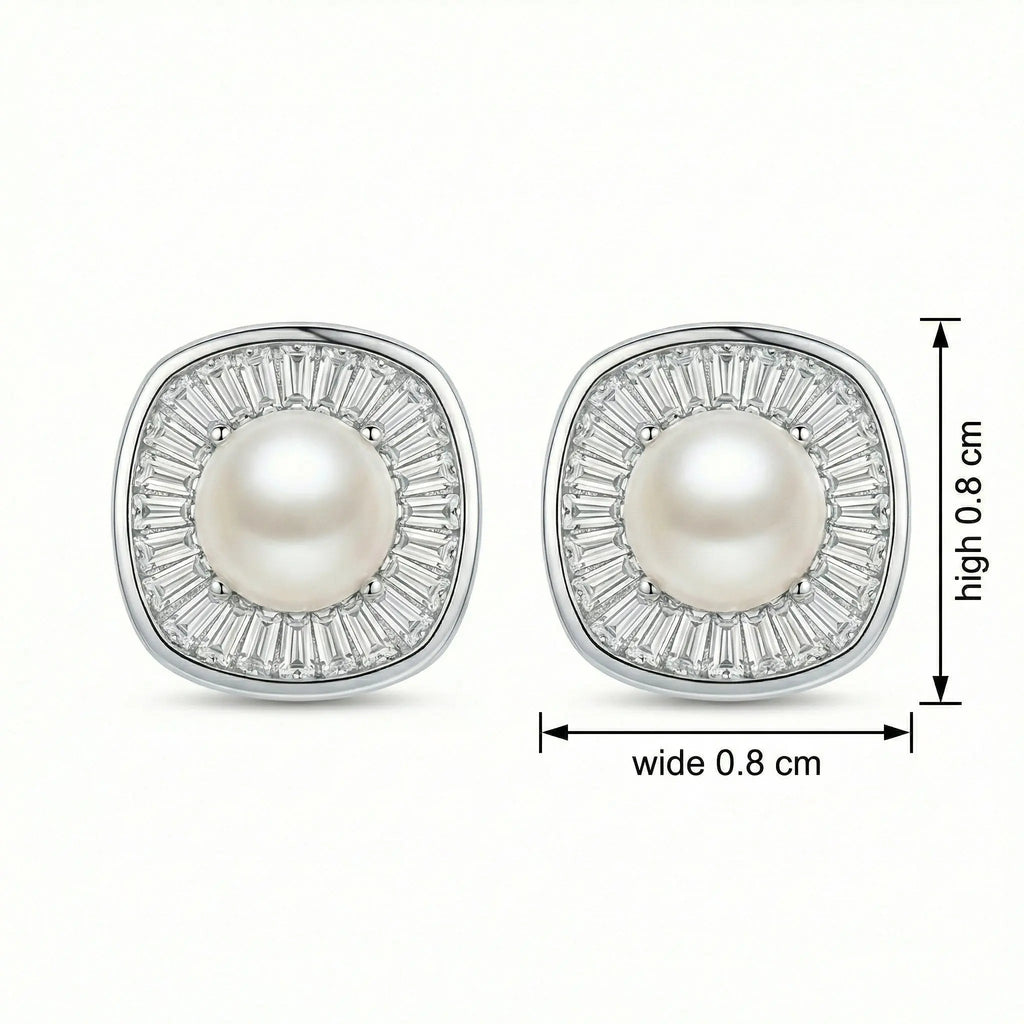 925 Sterling Silver Radiant Pearl and Tapered Baguette CZ Cushion Halo Stud Earrings