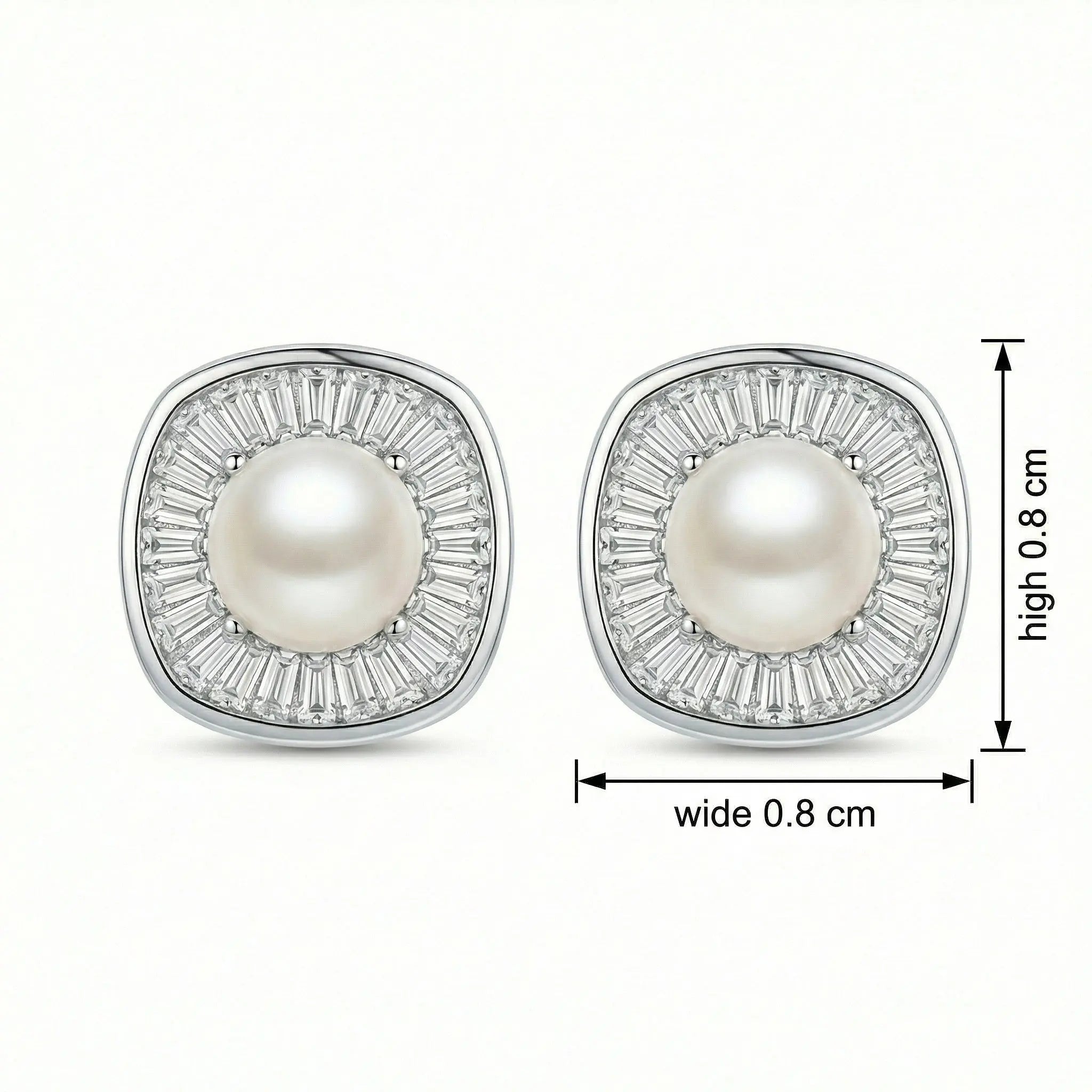 925 Sterling Silver Radiant Pearl and Tapered Baguette CZ Cushion Halo Stud Earrings