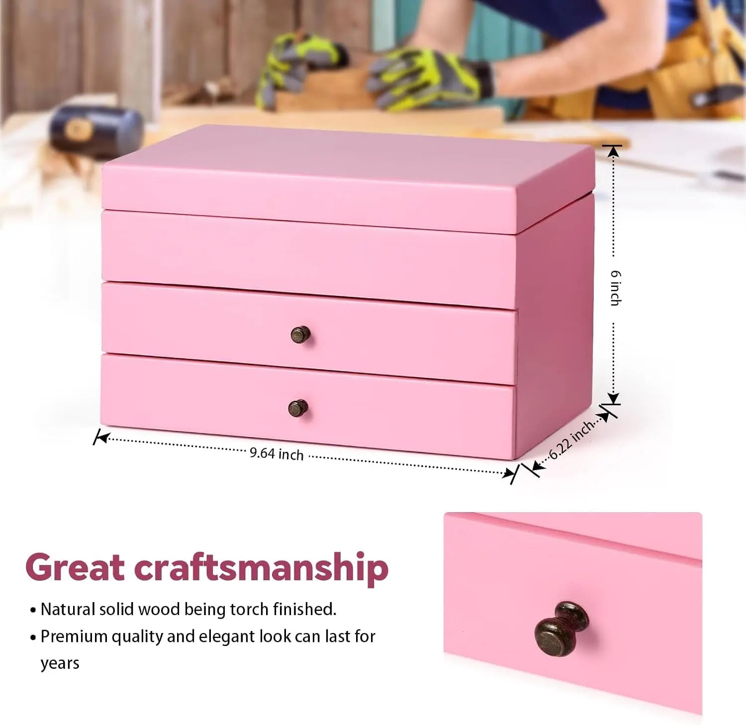 Jewelry Box Organizer for Women, 3 Layer Large Jewelry Storage Case, Rustic Wooden Jewelry Box with Mirror & Ring Tray for Necklace Earring Bracelets Rings, Vintage Style (Pink)