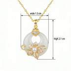 925 Sterling Silver Elegant White Jadeite Peace Buckle Necklace with Pink Enamel Flower and Lustrous Pearl NP Collection