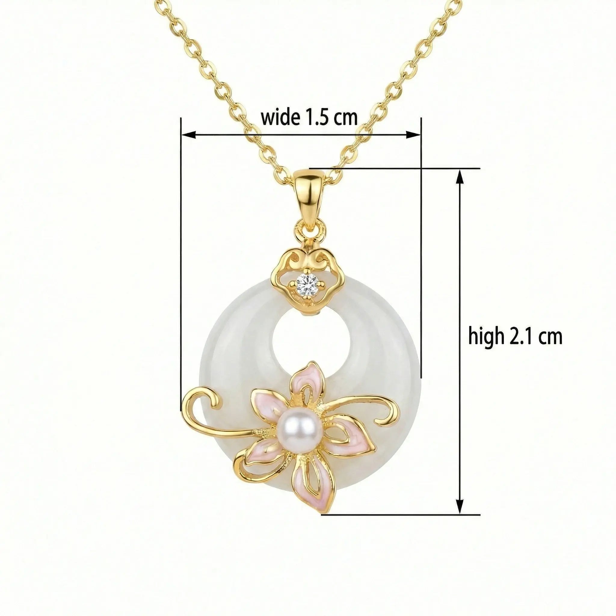 925 Sterling Silver Elegant White Jadeite Peace Buckle Necklace with Pink Enamel Flower and Lustrous Pearl NP Collection