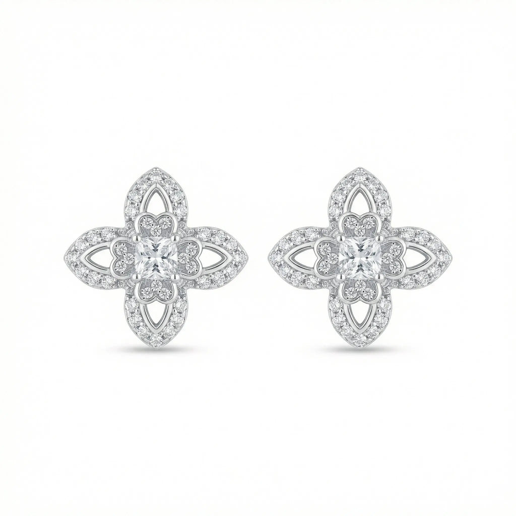925 Sterling Silver Elegant CZ Clover Stud Earrings with Intricate Filigree Details in Shimmering White Metal