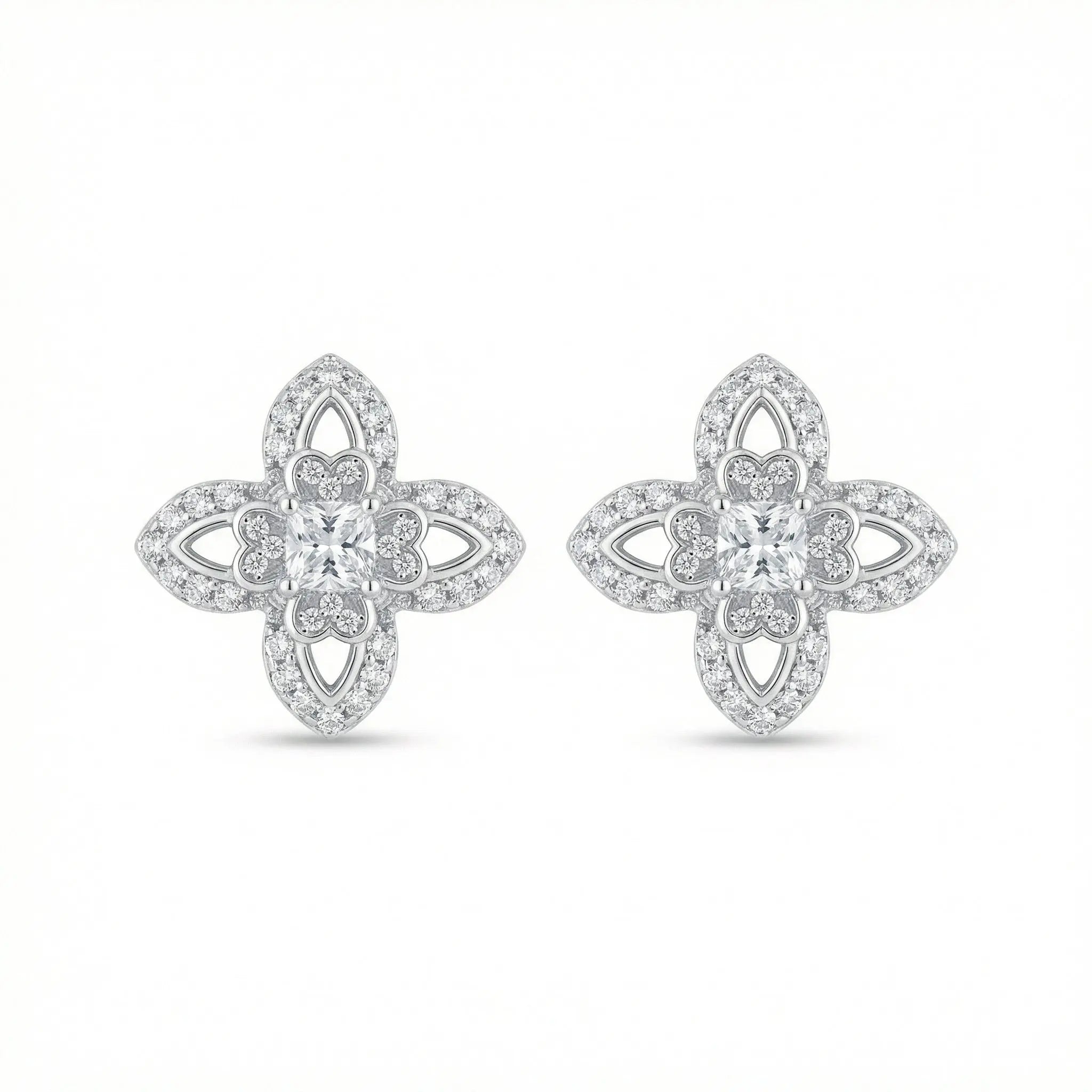 925 Sterling Silver Elegant CZ Clover Stud Earrings with Intricate Filigree Details in Shimmering White Metal