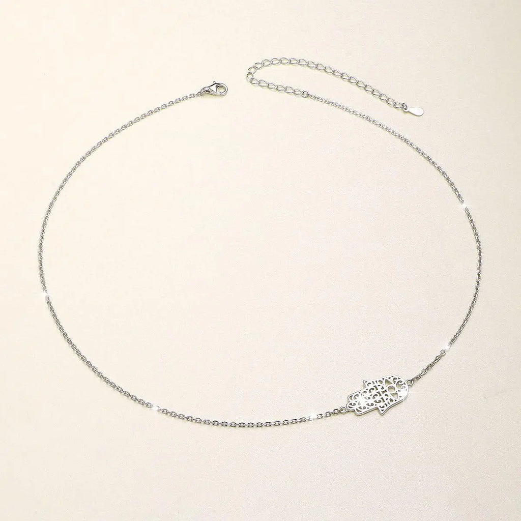 S925 Sterling Silver Jewelry Sideways Hamsa Hand Choker Necklace 14+4"