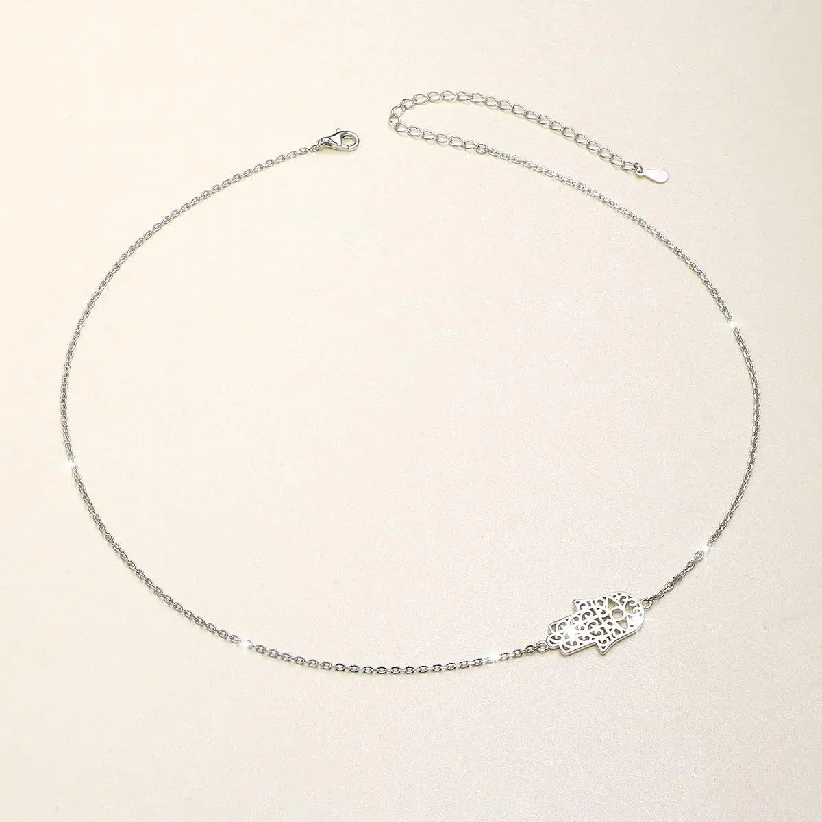 S925 Sterling Silver Jewelry Sideways Hamsa Hand Choker Necklace 14+4"