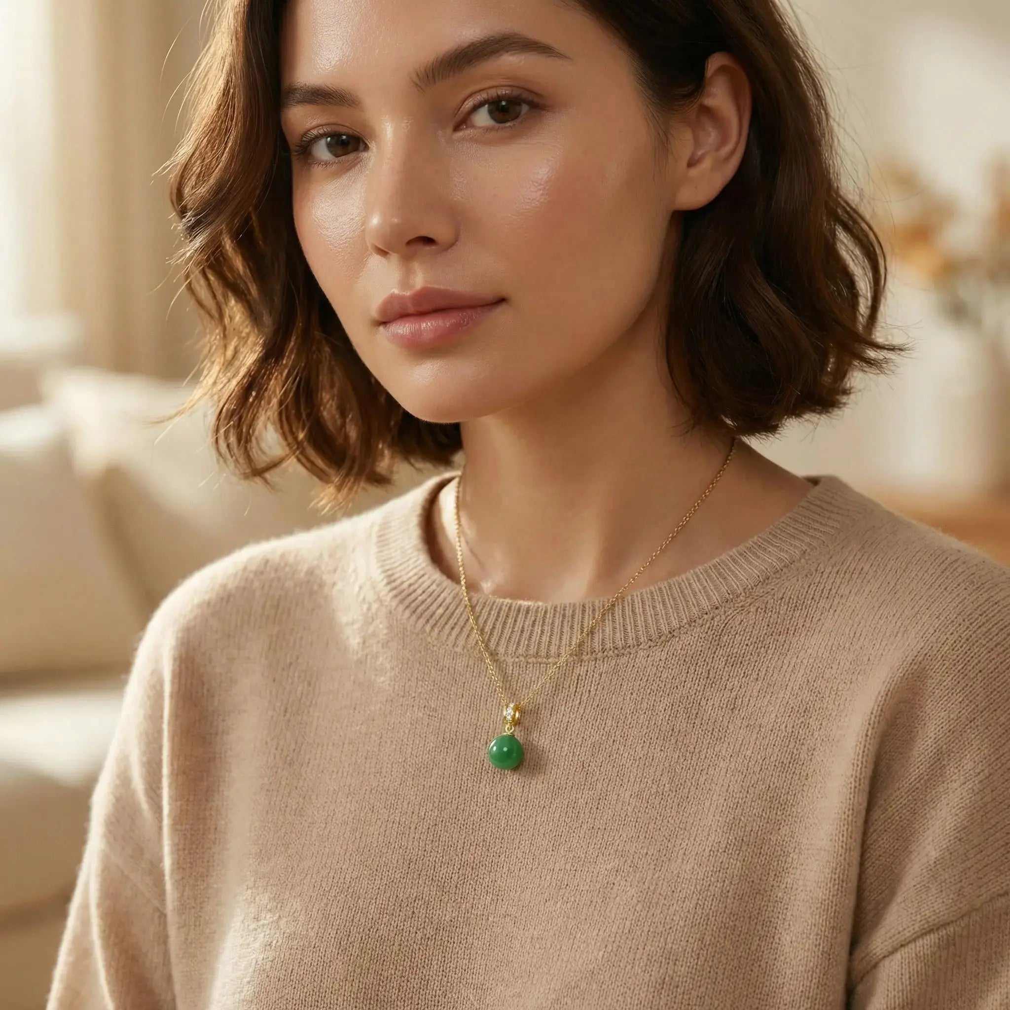 925 Sterling Silver Elegant Green Jade Sphere Pendant Necklace with Diamond Accents on a Shimmering Link Chain NP Collection