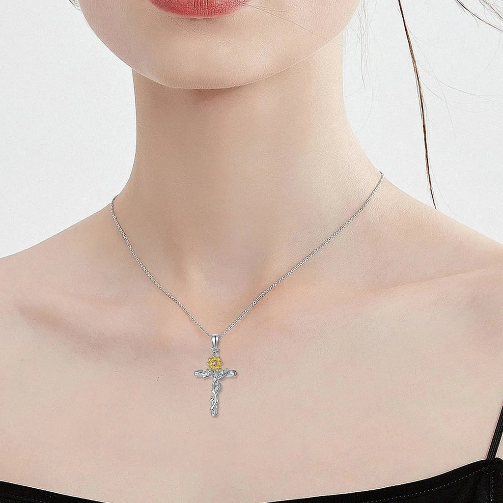 Cross Necklace 925 Sterling Silver Sunflower Pendant Necklaces Birthday Gifts Jewelry for Women Mom Daughter Wife