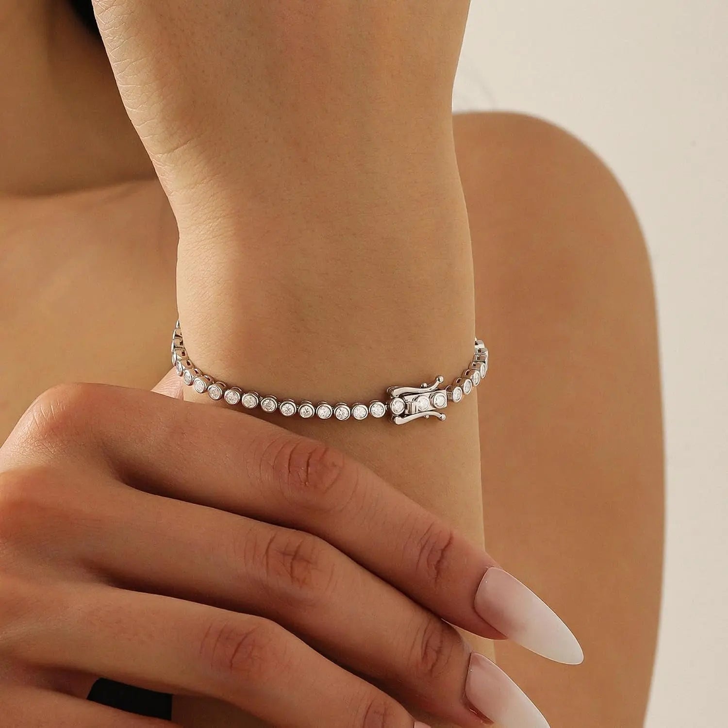 Bezel Tennis Bracelet 925 Silver Plated with 14K Gold round Cut Moissanite Gold 