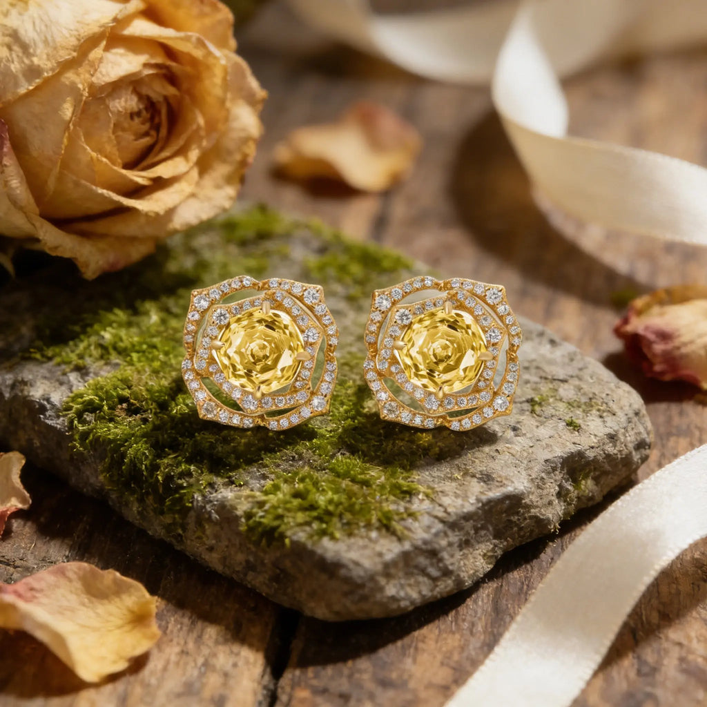 925 Sterling Silver Radiant Citrine Rose Stud Earrings with Brilliant CZ Halos