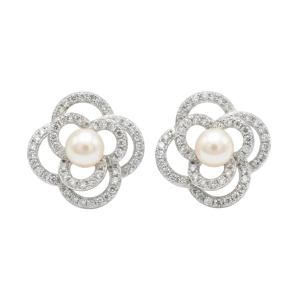 925 Sterling Silver Exquisite Pearl and Pave-Set Crystal Floral Stud Earrings in Silver NP Collection