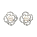 925 Sterling Silver Exquisite Pearl and Pave-Set Crystal Floral Stud Earrings in Silver NP Collection