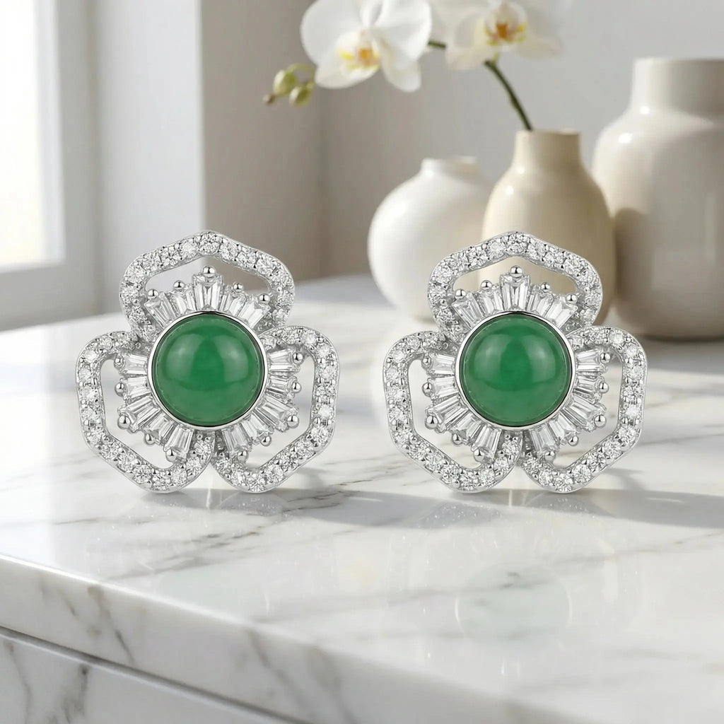 925 Sterling Silver Elegant Green Gemstone Flower Stud Earrings with Shimmering Baguette and Round Accents NP Collection