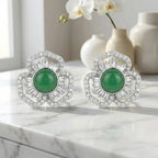 925 Sterling Silver Elegant Green Gemstone Flower Stud Earrings with Shimmering Baguette and Round Accents NP Collection