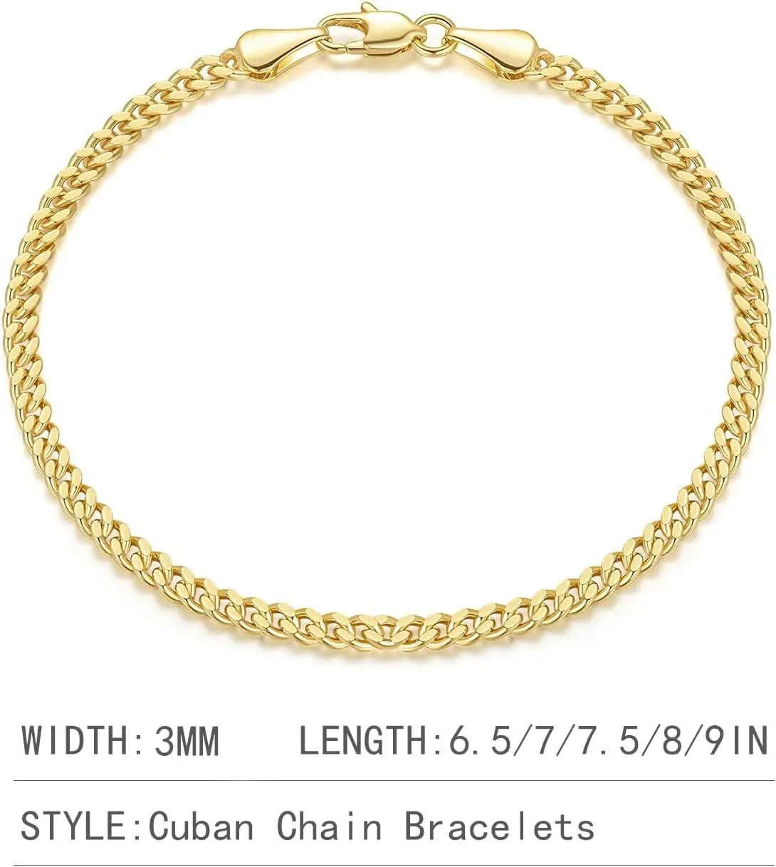 14K Gold 3Mm Classic Cuban Bracelet