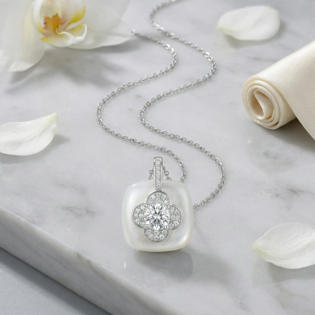 925 Sterling Silver Elegant Diamond Four-Leaf Clover and White Gemstone Pendant Necklace NP Collection