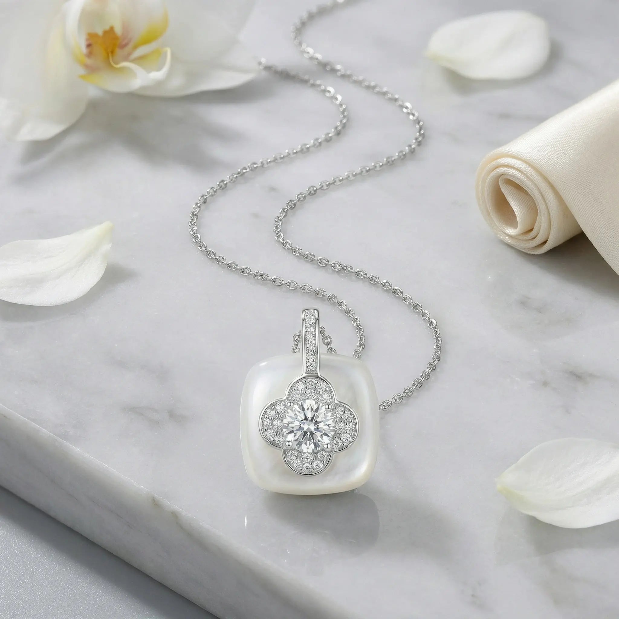 925 Sterling Silver Elegant Diamond Four-Leaf Clover and White Gemstone Pendant Necklace NP Collection
