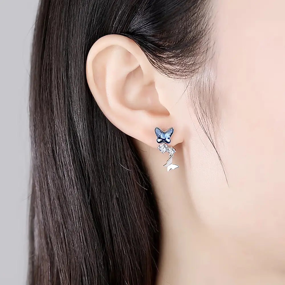 Butterfly Drop Earrings Blue Crystal Sterling Silver